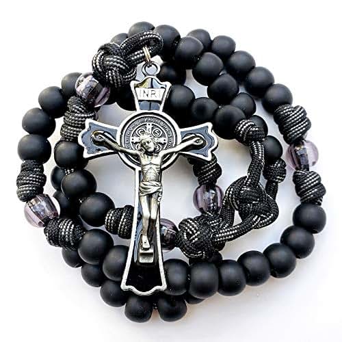 Very Rugged BLACK MONK ROSARY with Gunmetal Crucifix Handmade