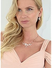 Mariell - Juego de collar y pendientes de perlas de agua dulce para novia, chapado en oro rosa de 14 K