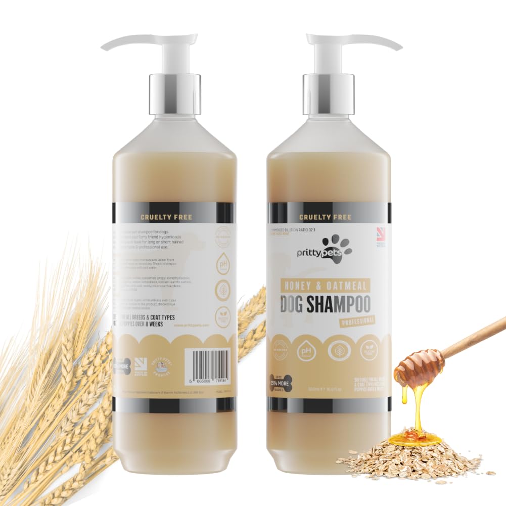 Oatmeal Dog Shampoo PRITTY PETS Oatmeal Shampoo for Dogs - Professional PH Balanced, Cruelty Free, Silicone & Paraban Free, Puppy Friendly Dog Grooming Shampoo - Made in the UK (500ml with Pump)
