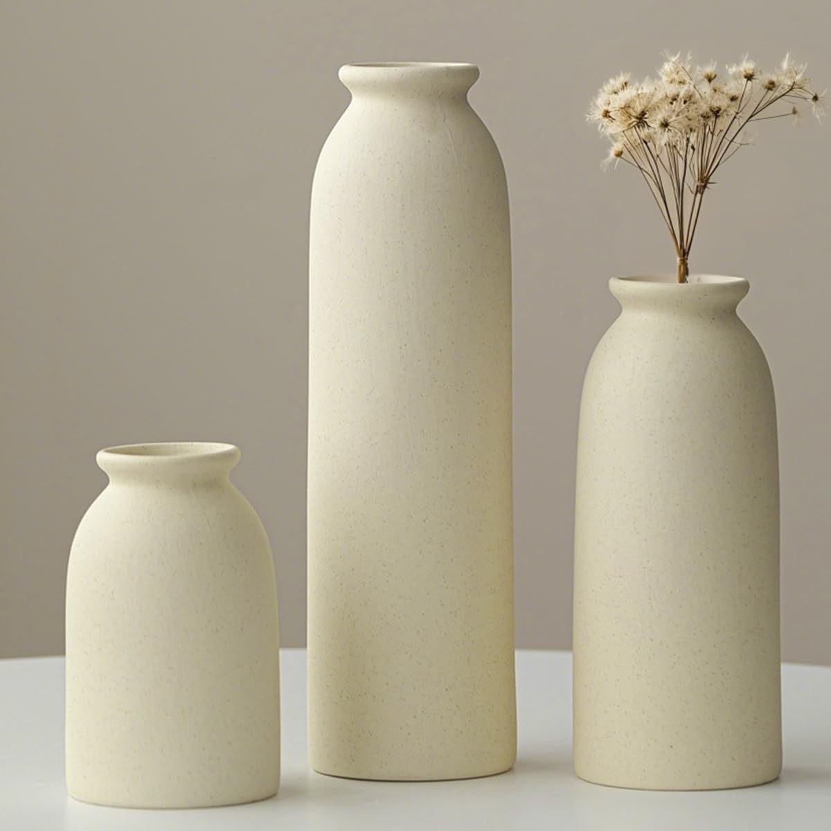 Photo 1 of 10.4 inches Tall Decorative Ceramic Vase Set, 3 Pieces, Nordic Modern Boho Style, White, for Home Decor (Beige)