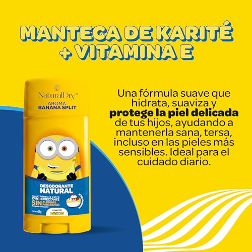 NaturalDry - Desodorante Para Niños y Teens Natural Infantil Minions 50g | Sin Aluminio ni Parabenos | 24hrs Protección | Para Niños y Adolescentes Piel Sensible (2 x Banana Split)