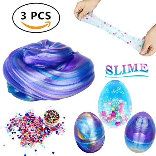 Slime Egg 3 Pack Squishy DIY Slime Kit Toy 2 Galaxy Fluffy Slime and 1 Crystal Colors Putty Eggs with Glitter Sheet Sets, Woqoo Scented Clay Stress Relief Toy for Boys Girls