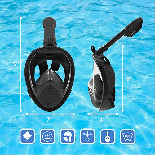 ROCONTRIP Full Face Snorkel Mask, Free Breathing 180Â° Panoramic View Diving Mask, Anti-Fog Anti-Leak and Adjustable Head Strap Snorkeling Mask for Men Women Adult (Black-Kids, XS)