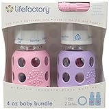 Lifefactory BPA-Free Baby Bundle Gift Set with 2 4-Ounce Glass Baby Bottles and 1 Silicone Teether, Pink and Lilac