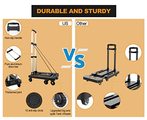 Pansonite Folding Hand Truck with 330 Lb Capacity, Portable Heavy Duty Aluminum Luggage Laundry Cart and Dolly with 5 Wheels and 2 Free Rope for Luggage, Ship, Moving, Shopping (Black, Large)