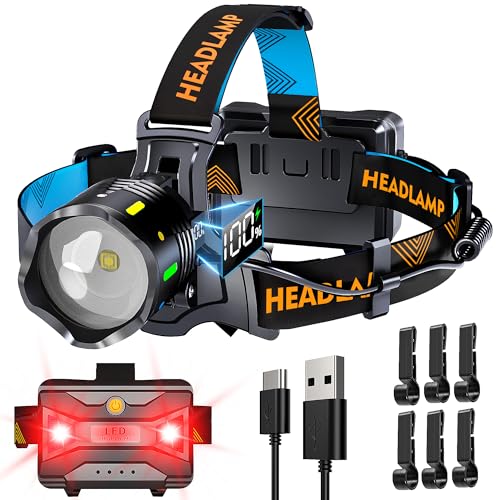 210000 Lux 12 Modes Red Head Lamp Warning and Adjustable Focus Sensor, 95H Standy 125°Angle and Powerful IP65 Waterproof Headlamp for Running, Fishing, Camping, Hiking