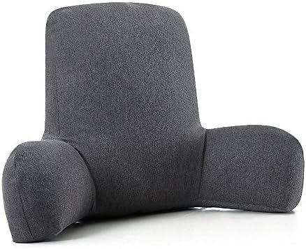 ZOEMO Bed Reading Pillow, Dark Grey - Bed Rest Pillows with Arm Rests for Reading in Bed - Waist Cushion Pillow with Arms for Home, Office - Thick Bedrest Pillow with Washable Cushion Cover