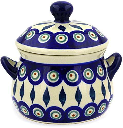 Polish Pottery 16 oz Bouillon Cup with Lid (Peacock Leaves Theme) + Certificate of Authenticity - Thumbnail 3