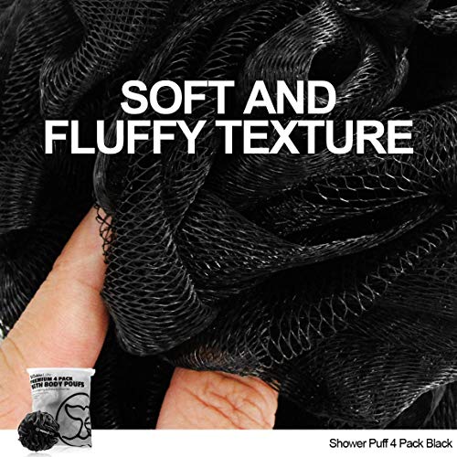 WhaleLife Loofah Bath Sponges - Black Gentle Exfoliating Shower Loofah for Rich Lather, Durable Mesh Body Scrubber for Men & Women 4 Pack