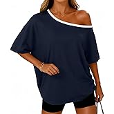 LEEDYA Off The Shoulder Tops for Women Summer Sexy Oversized T-Shirts Short Sleeve Color Block Casual Batwing Tunic Top