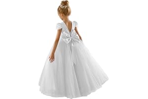 JISISANG Flower Girls Lace Cap Sleeve Dress for Wedding Puffy Tulle Back V-Neck Pageant Prom Ball Gown with Bow