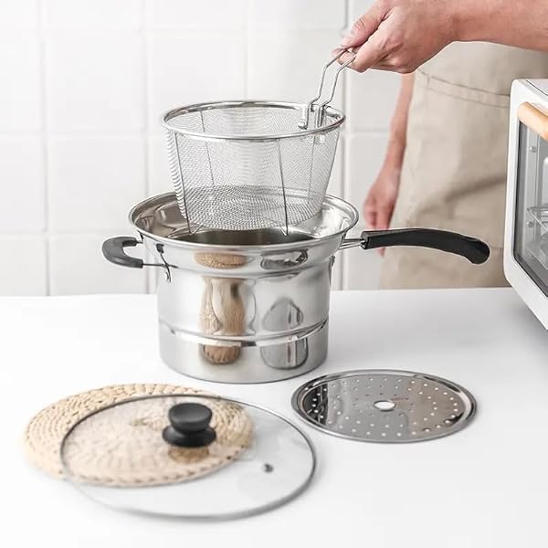 STAINLESS STEEL STUDENT POT, 8.6 “FOR 1-2 PEOPLE, COOKING POT, DEEP FRYER, STEAMER, MULTIPURPOSE POT. FEATURES GLASS LID, STAINLESS STEEL STEAMER RACK AND BASKET.