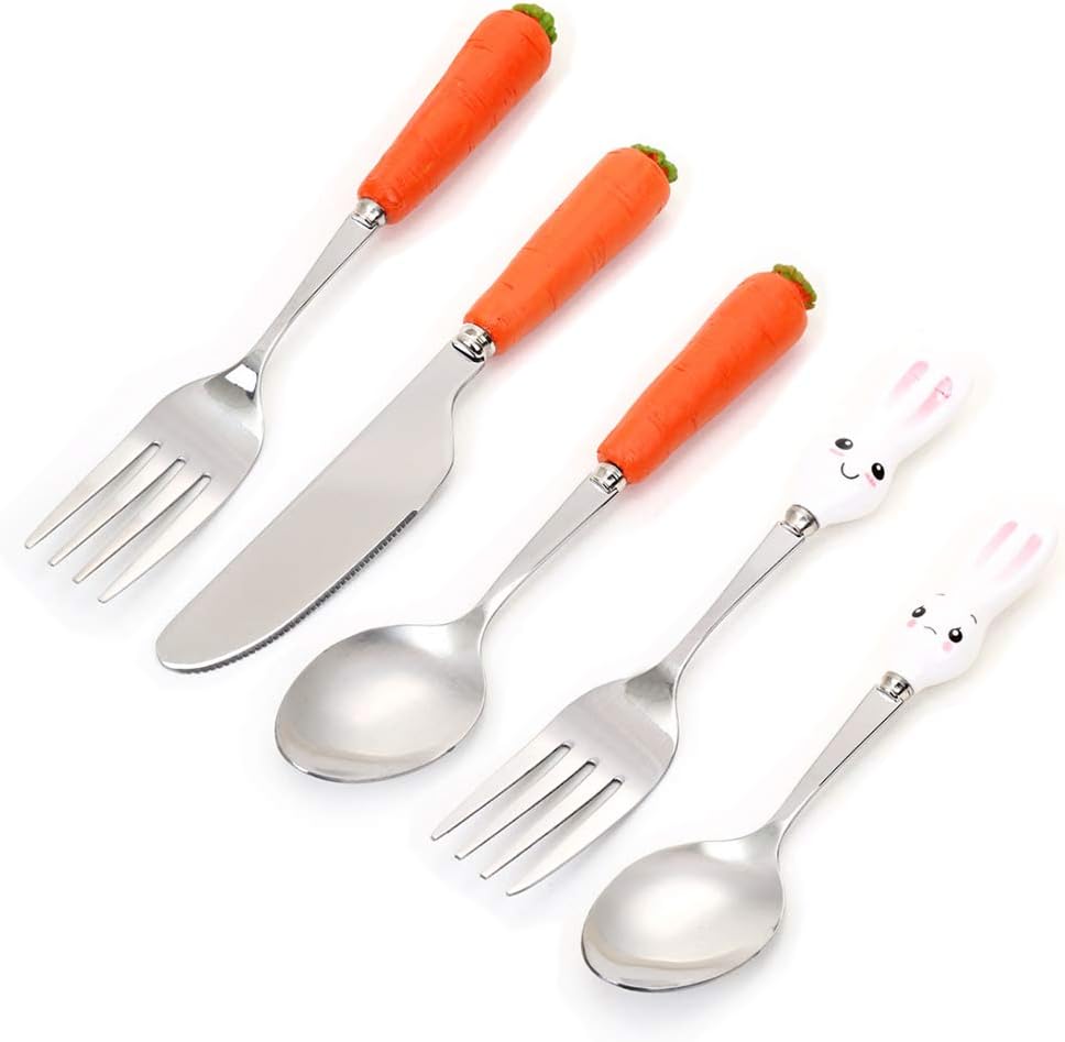 Toddler Cutlery Metal Stainless Steel Children's Cutlery Set Little Rabbit Carrot Includes 2 Forks 2 Spoons 1 Knife Child Safe Silverware Flatware for Home Primary Schools(Rabbit Carrot 5pack)