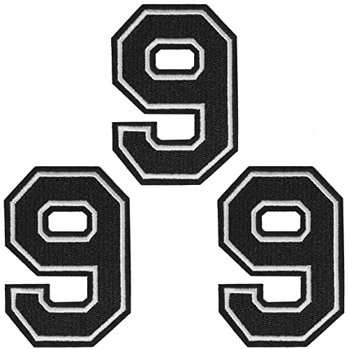 TACVEL 3 Pieces Iron on Numbers Patches, Numbers 0-9 Applique for Clothes, Dress, Hat, Socks, Jeans, DIY Accessories (Black 9,3.14inch)