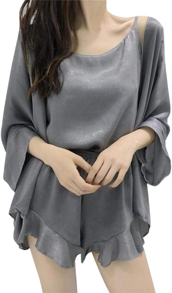 Amazon パジャマ ルームウェア セットアップ レディース キャミソール タンクトップ ショーパンツ ガウン 3点セット 可愛い 部屋着 春 夏 セクシー シルク 光沢 無地 無地 春 夏 お洒落 おしゃれ グレー パジャマ ルームウェアセット 通販