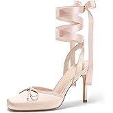 Coutgo Womens Ballet High Heels Satin Closed Square Toe Ballerina Heels Lace Up Bow Pumps Prom Shoes