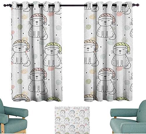 WinfreyDecor Doodle Printed Curtain Sleepy Cat Colorful Hats Night Time Good Night Cute Animals Set of Two Panels 63" Wx72 L Baby Blue Pale Pink Pale Yellow