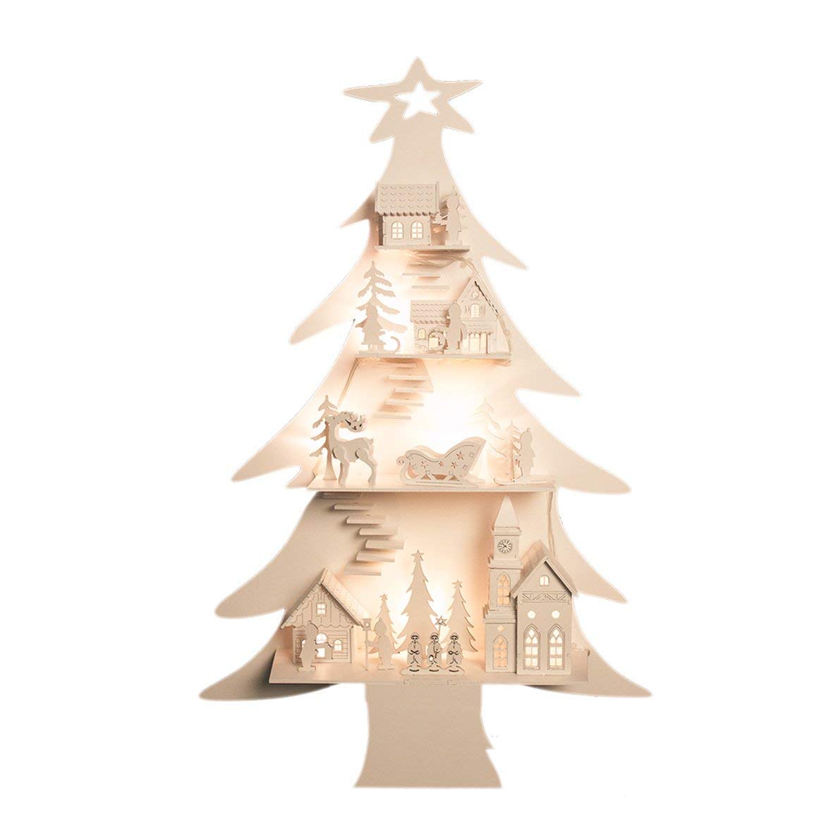 The Christmas Workshop 81310 LED Wooden Christmas Tree Village / 8 Warm White LED Lights / Indoor Christmas Decoration / Battery Operated / 60cm x 40cm x 8.5cm