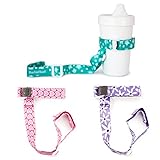 BooginHead Baby Toddler SippiGrip Sippy Cup Holder Strap, Polka Dots Green, Purple Daisy, Pink Heart (Pack of 3)