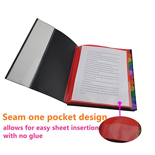 12 Pocket Plastic File Folders - Heavy Duty Black Shell Multi Pocket Folders,Letter Size - 12.2 x 9.84 x 0.6, Multicolor