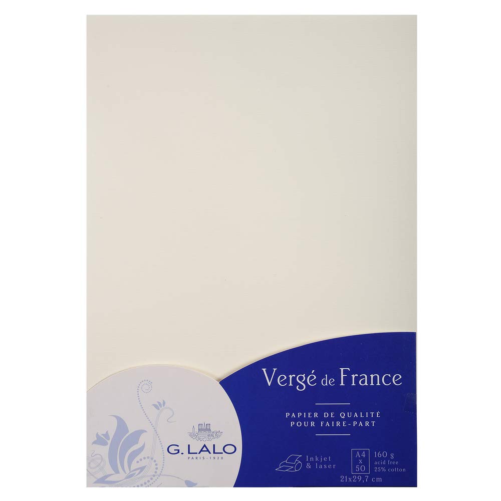 Lalo 41400L - Verge De France. Pack of 50 Sheets. Size: A4 21x29.7 cm 160g, Laid de France, White, Lined, Correspondence, Sheets, Paper Made in France