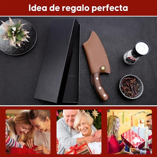 Cuchillo Vikingo Martillado de Acero de Alto Carbono, Cuchillo Carnicero Forjado a Mano con Vaina, para Hogar, Camping, Barbacoa, Restaurante, Corte de Carne