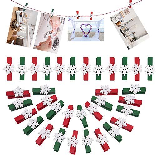 Livder Christmas Clips, 100 Pieces Snowflake Wooden Clothespins Red Green Pegs for Christmas Party Decorations