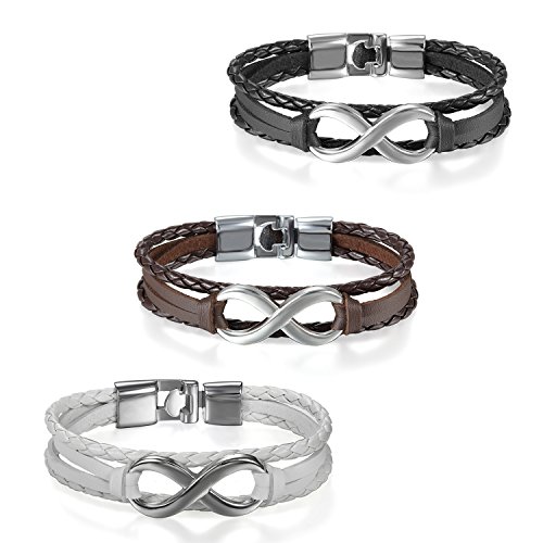 Flongo Men's Womens 3PCS Vintage Leather Silver Infinity Love Forever Wrap Cuff Bracelet, 7.9 inch, Infinity Bracelet, Couple Friendship Wristband, Womens Mens Leather Bracelet