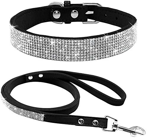 Haoyueer Cute Dazzling Sparkling Elegant Fancy Soft Suede Leather Bling Rhinestone Crystal Jeweled Pet Cat Dog Puppy Collar Dog Leash Combo Set(Black,S)