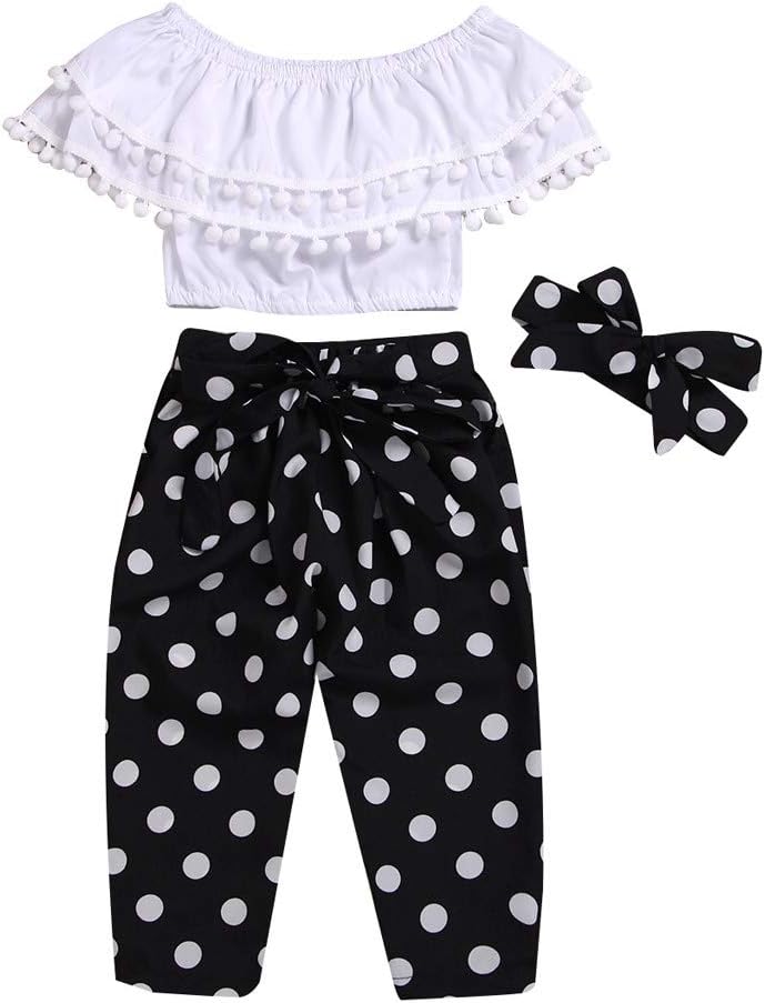 Little Girl Summer Sets,Jchen Baby Girls Off Shoulder Tassel Crop Tops+Polka Dot Pants Bowknot Princess Outfits for 1-6 Yrs