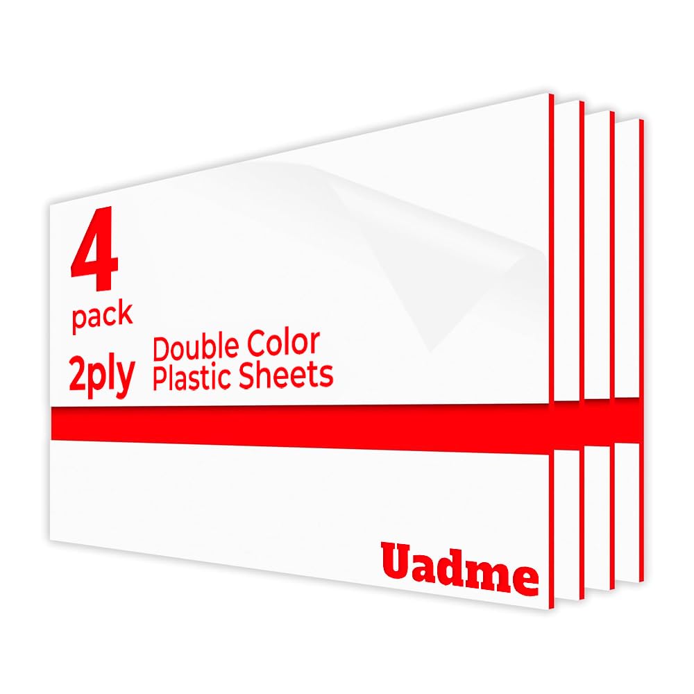 Uadme Blank Laser Engraving Materials, 12 x 8 inch White Panel Red Core ABS Double Color Plastic Sheets 4Pcs, Customized Personalized Painting, Interior Signs, Badges, DIY Carving