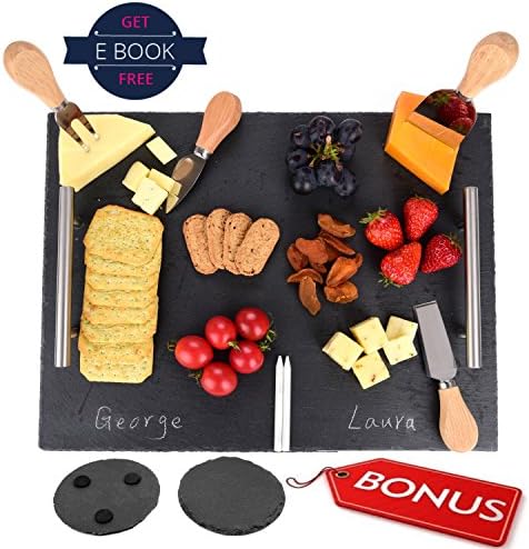 Large Slate Cheese Board, Stainless Steel Handles [7 pc set], Super Value Bundle, Premium Quality, Easy Trasportation, 16"x12", 4 Cutleries &amp; 2 Chalks - Free Bonus Coasters - Ebook