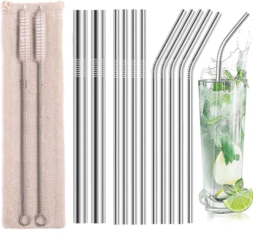 T Tersely 13pcs Reusable 304 Stainless Steel Straws- Various Metal Straws with 4 Straight 5 Bent 2 Boba Straws 2 Cleaning Brushes - Eco Friendly Drinking Straws (Silver)