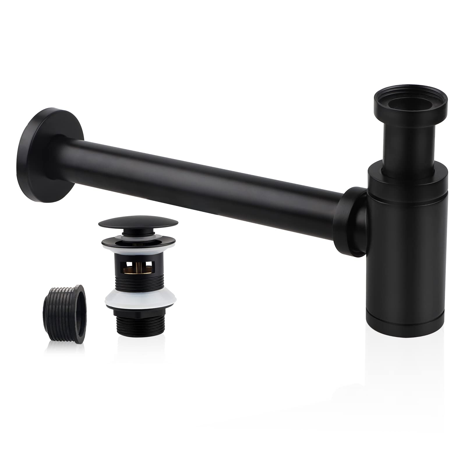 EXLECO Siphon 1.25'' x 32 mm, Black, Brass, Stainless Steel, Universal Tube, Adjustable, Overflow Hole, Drain Pipe Fitting, Hardware Tubing, 1 pc, Modern Design