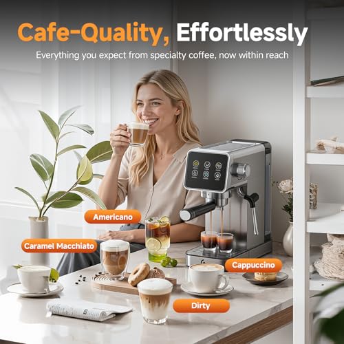 AMZCHEF Espresso Coffee Machines with 20 Bar Pressure, Self-Cleaning & Memory Function, LED Touch Screen, Compact Coffee Machine with Milk Frother for Home, Metallic Silver
