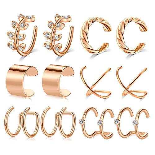 Mayhoop 6 Pairs Stainless Steel Ear Cuffs Clips on Fake Helix Cartilage Earring Non Piercing Fake Nose Lip Ring for Women Men Size Adjustable Rose Gold