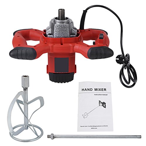 Liusin Electric Concrete Mixer Handheld 1500W Adjustable 7 Speed Heavy Duty Mortar Cement Mixer with Mixing Paddle for Thinset Grout and Mortar AC 110V (Red)
