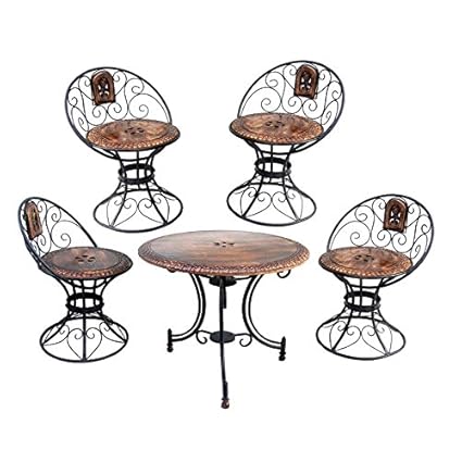 Acme Furniture Wooden and Iron Carved and Decorative Foldable Table with 4 Chair Set, Standard (Multicolour)