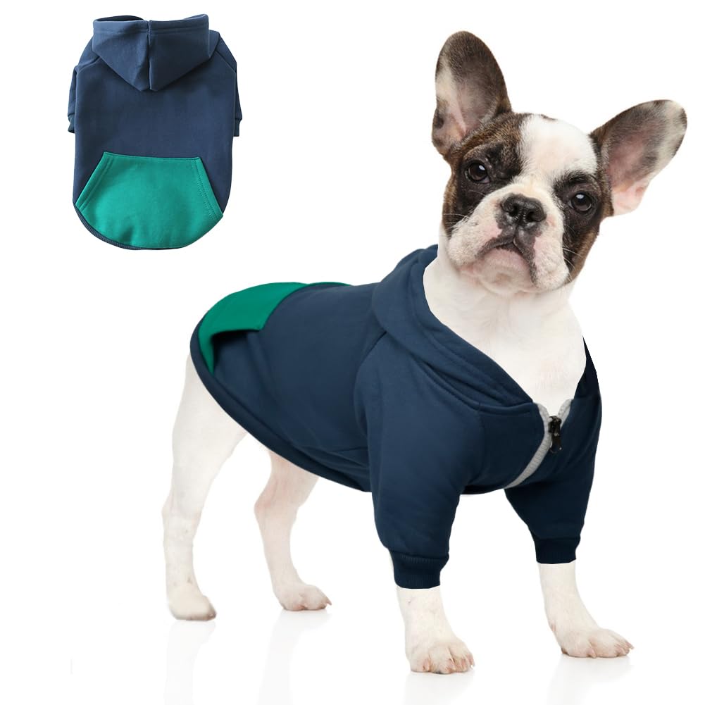 meioro Zipper Hooded Pet Clothing Dog Cat Clothes Cute Pet Clothing Warm Hooded French Bulldog Pug (L, Blue)