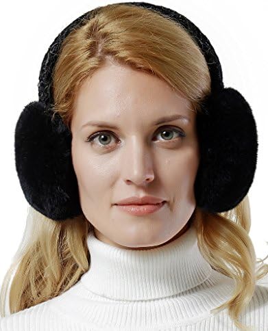 Nice Glory Women's Rex Rabbit Fur Embroidered Lace Band Earmuffs Black