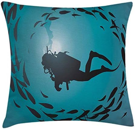 Under The Sea Throw Pillow Cushion Cover, Diver Surrounded with Jamb of Fishes Scuba Snorkel Aqualung Water Sports, Decorative Square Accent Pillow Case, 18 X 18 inches, Dark Blue Aqua
