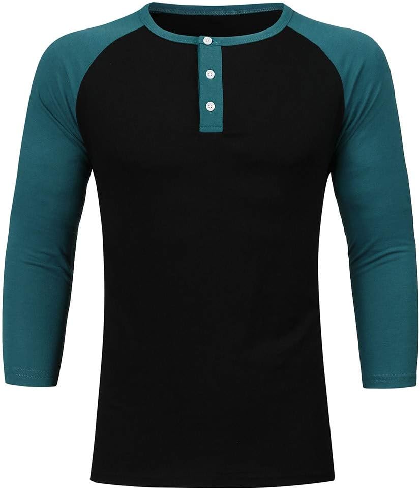 Mens Casual Top Slim Fit Patchwork Button 3/4 Sleeve O-Neck T-Shirt Jumper