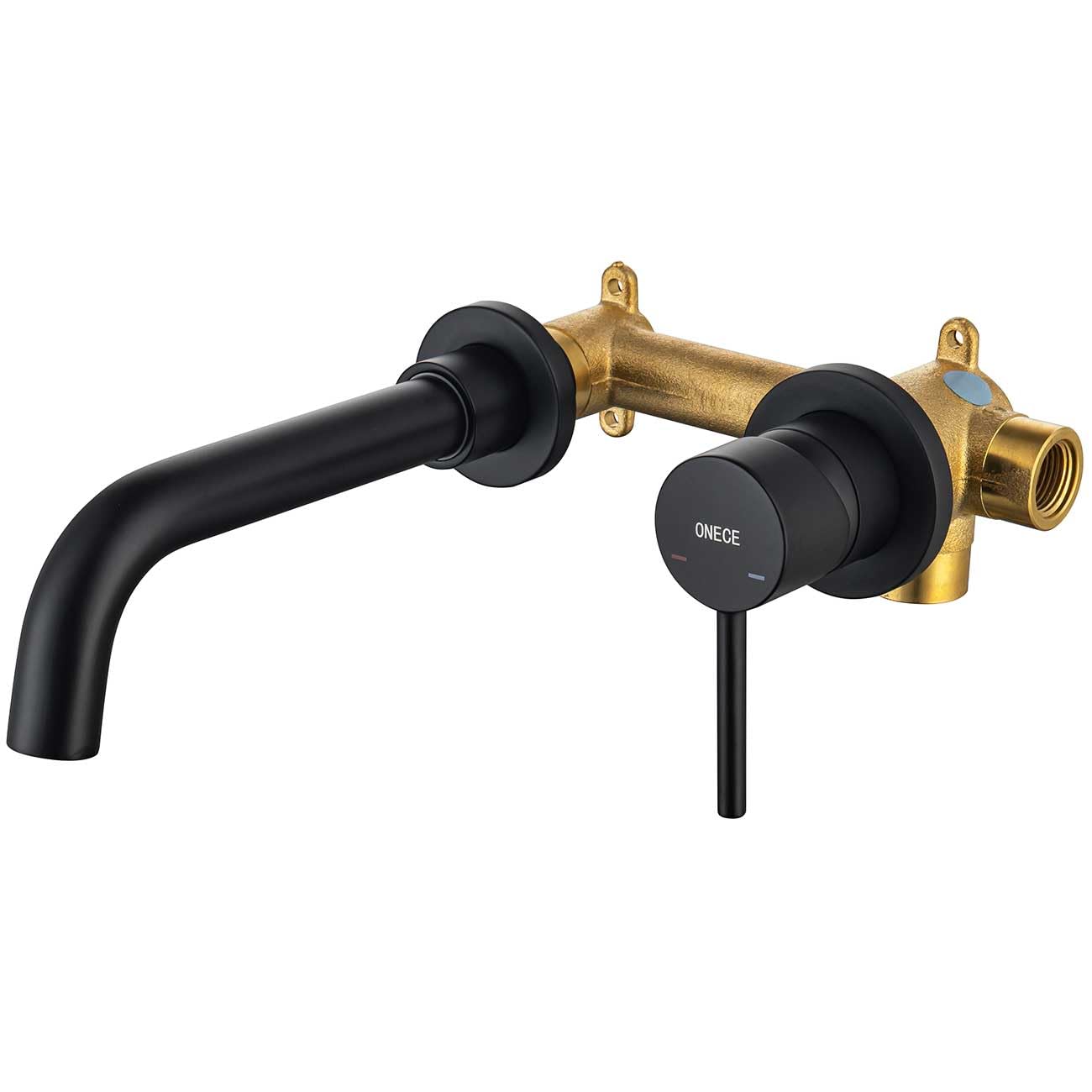 ONECE Wall Mounted Basin Faucet, Wall Mounted Mixer Tap, Brass Bathroom Faucet, Cold and Hot Faucet 360° Rotation, Black