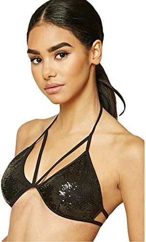 Women Bra Solid Black Sequin Halter Back Closure Bralette Hollow Out Lace Up Bralette -Black 90D(XL)