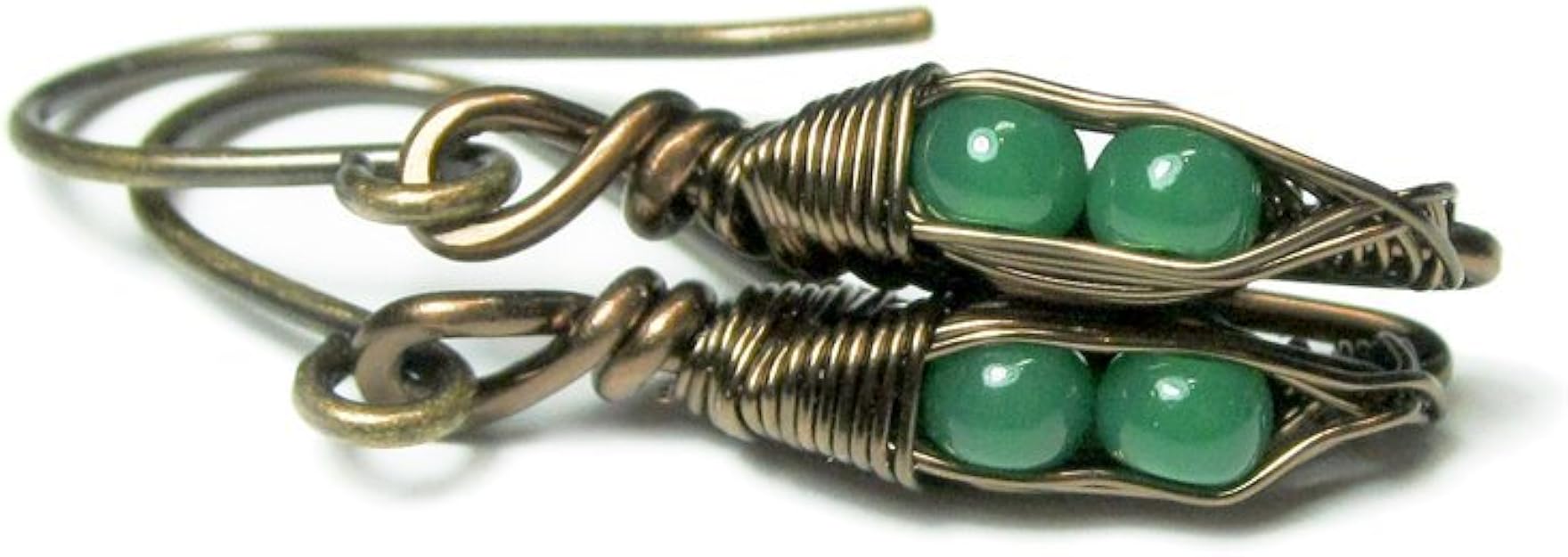 Tiny Pea Pod Earrings 2 Jade Green Peas in Bronze Pods