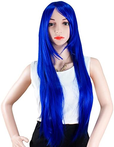 32 Inches Long Straight Blue Hair Wigs with Bangs Cosplay Synthetic Wigs for Women