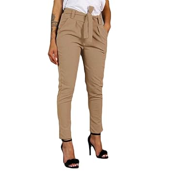 Ansenesna Hosen Damen Khaki Schwarz Lang Hohe Taille Elegant Freizeithosen mit Gürtel Mädchen Ausgehen Einfarbig Slim Fit Für