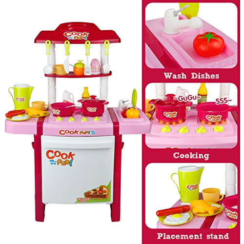 Kitchen Playset Toys Appliances Pretend Role Play Chef Food Toy with Sink Faucet Table Utensils Knife 27 Accessories for Kids Boys Girls,Large Tall,Pink