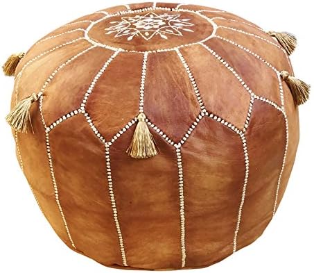 maisonmarrakech Handmade Beautiful Handmade Tan Brown Real Leather Footstool Pouf Tassels Morocco | Colour Tan with White Stitching | Delivered unstuffed