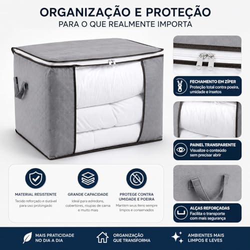 Kit 6 Caixas Organizadoras Dobráveis Multiuso com Zíper, Bolsa Organizadora para Edredom, Visor Transparente e Alças, Roupas de Cama, Cobertores, Closet e Guarda-Roupa - Marca Bigzu